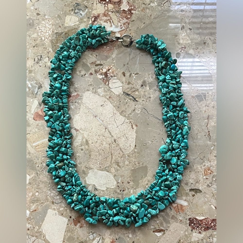 VTG Turquoise Nuggets Beaded Crocheted Bib Necklace 18” Silver Open Hook Clasp